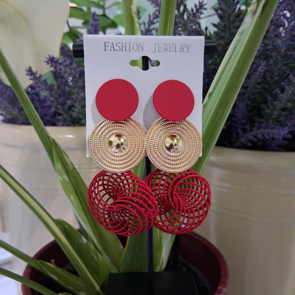 Red Spiral Gold Tiered Dangle City Girl Earrings OSFM